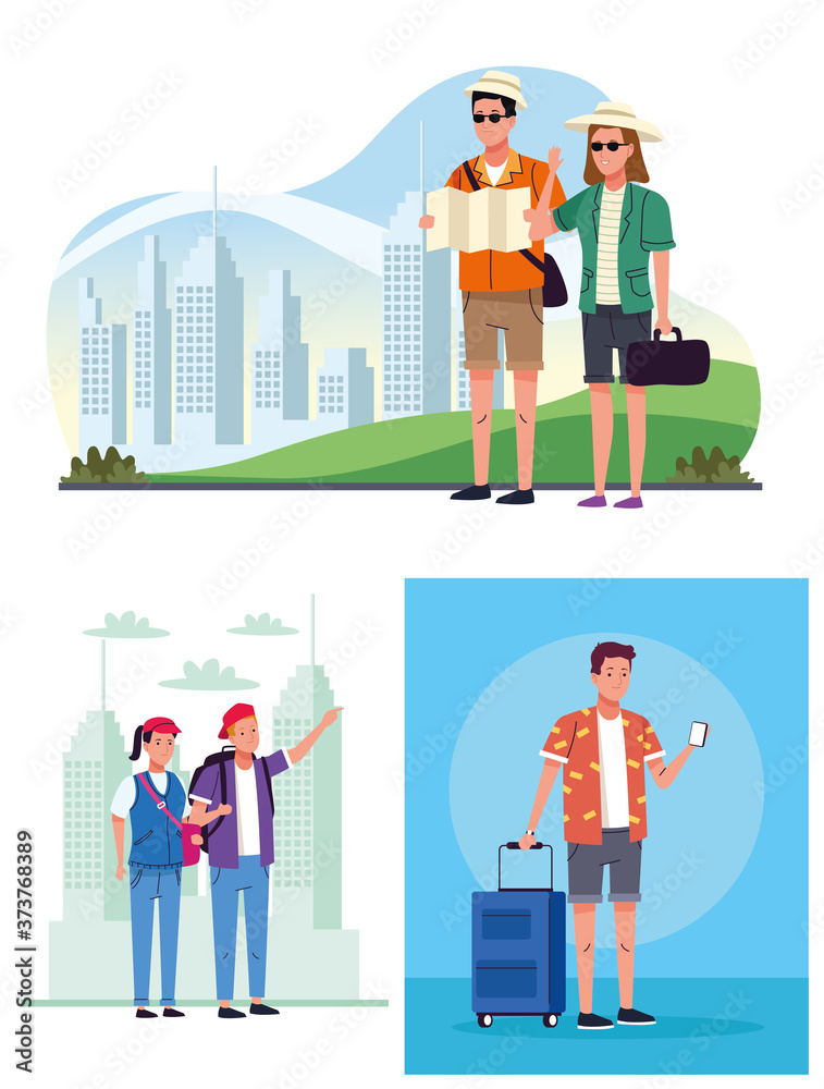 tourists people group with papermap and suitcase scenes characters tourists people group with papermap and suitcase scenes characters