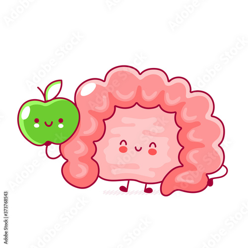 Cute happy funny human intestine organ with apple