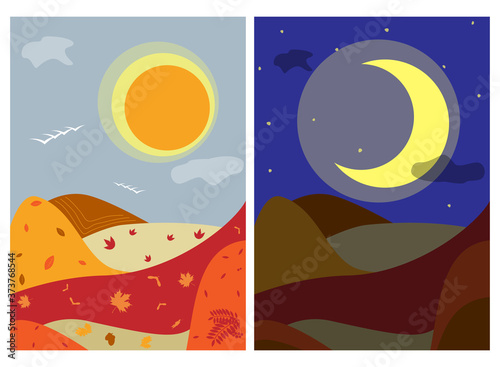 Day and Night autumn landscape background withh hills
