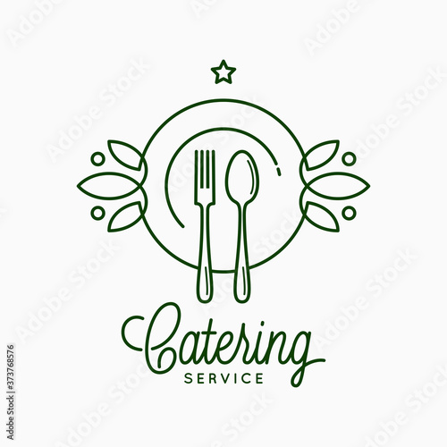 Catering linear logo with plate and fork on white