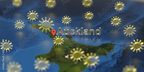 Sunny weather icons near Auckland city on the map, weather forecast related 3D rendering