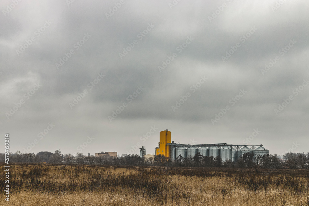 Late autumn landscape. Agro-processing plant. Agricultural silos - building exterior, storage and drying of grains, wheat, corn, soy, sunflower behind late fall meadow.