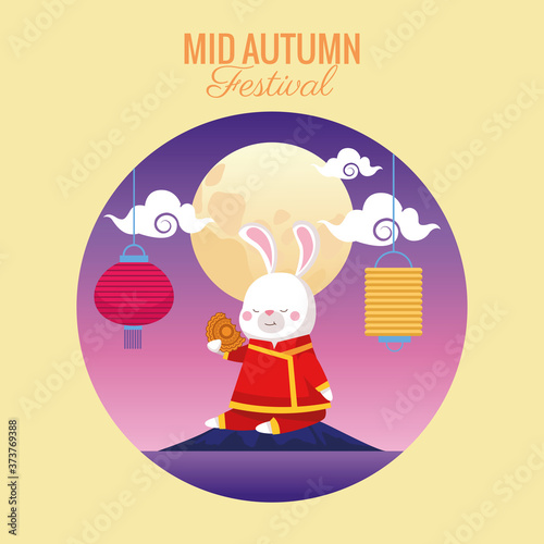mid autumn celebration card with rabbit and full moon