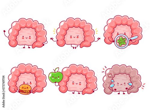Cute happy human intestine organ set collection