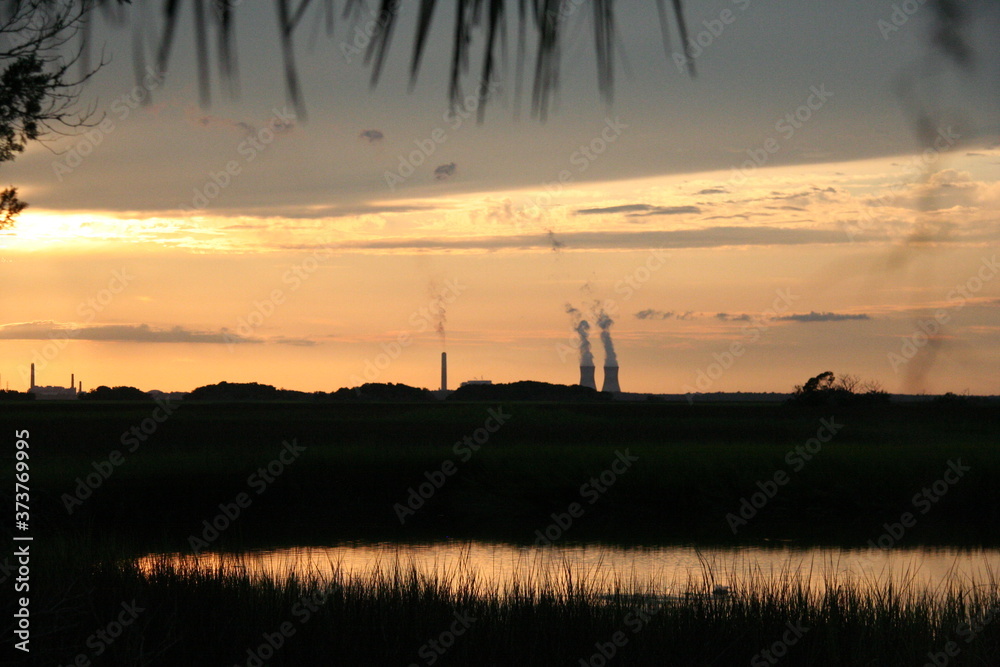 Naklejka premium Coal-fired power plant beyond the marsh