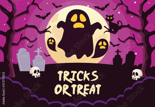 halloween tricks or treat lettering with ghosts in cemetery