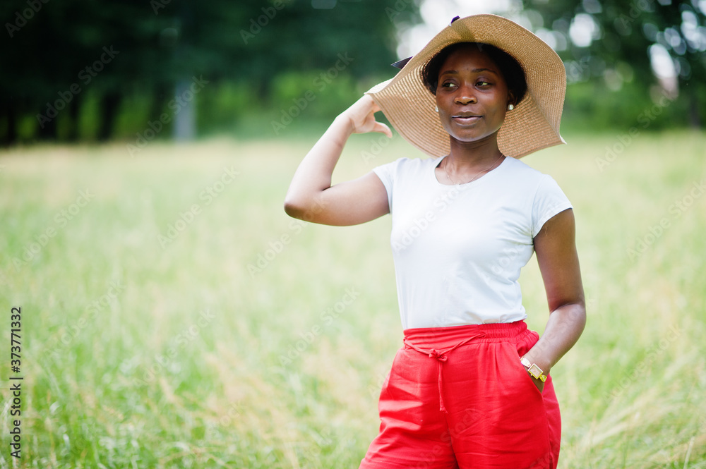 Portrait of gorgeous african american woman 20s wear in summer hat, red pants and white t-shirt, posing at green grass in park. Portrait of gorgeous african american woman 20s wear in summer hat, red pants and white t-shirt, posing at green grass in park.