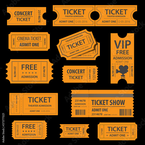 Orange admission ticket isolated on black