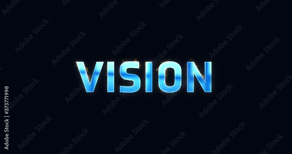 Vision. Blue electric lightning word. Burning text animation on black background. High quality 4k intro