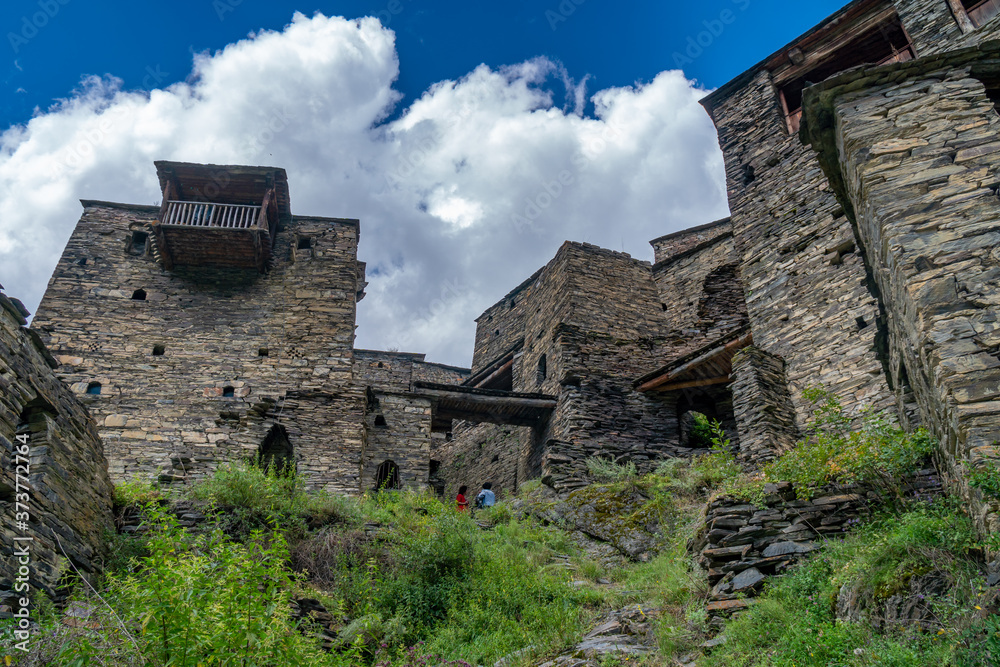 Old Fortress in mountain village Shatili, ruins of medieval castle Old Fortress in mountain village Shatili, ruins of medieval castle
