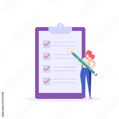 Business woman marks on the to-do list with giant pencil. Concept of notes, online exam, checklist. Online survey form with characters. Flat vector illustration for UI, web banner, mobile app
