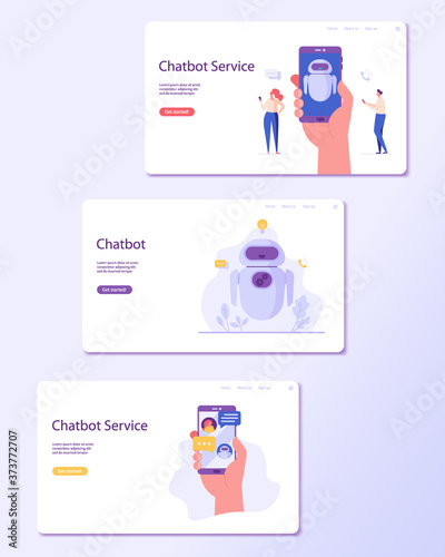 Man and woman use chat bot services. Concept of virtual assistant, business development, sales increase, communication help service, customer service robot. Vector illustration in flat design