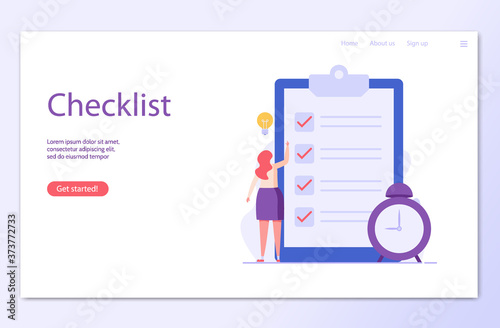 Business woman marks on the to-do list with giant clock. Concept of notes, online exam, checklist. Online survey form with characters. Flat vector illustration for UI, web banner, mobile app