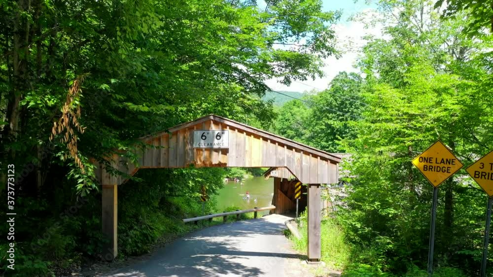 Scenic Crane Shot of the Beaverkill Covered Bridge in the Catskills