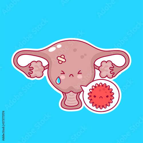 Cute sad woman uterus organ with bad bacteria