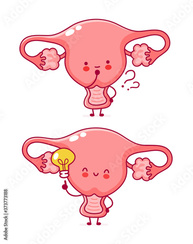 Cute happy woman uterus organ with question mark