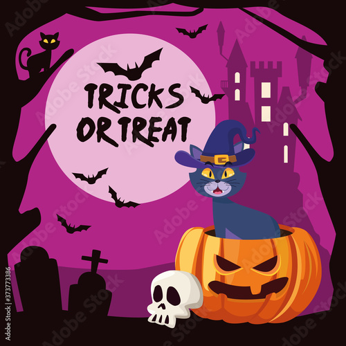 halloween tricks or treat lettering with cat in pumpkin and castle