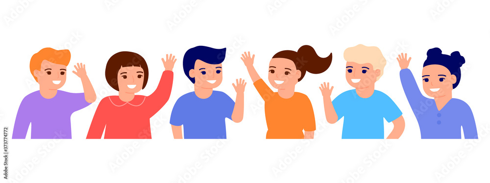 Happy kids waving hands hello. Smiling little children greeting, welcome or goodbye gesture. Young friends, elementary school students, kindergarten pupils boys and girls. Vector flat illustration Happy kids waving hands hello. Smiling little children greeting, welcome or goodbye gesture. Young friends, elementary school students, kindergarten pupils boys and girls. Vector flat illustration