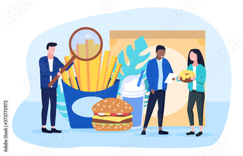 Food inspector doing quality control of fast food or takeaways using a magnifying glass to inspect French fries and burger, colored vector illustration