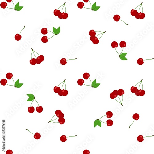 Seamless pattern with bright and juicy cherries on a white background. Print for bed linen and fabrics, wrapping paper and wallpaper. Stock vector illustration for decoration and design.