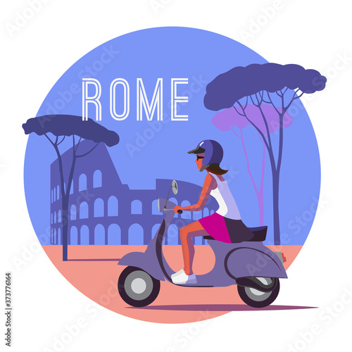 Girl on retro scooter travelling around Rome with the Collosseum on the background, vector illustration