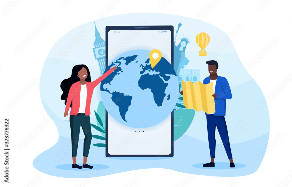 Travel Choice concept with black couple choosing a global destination using an app and map, colored vector illustration
