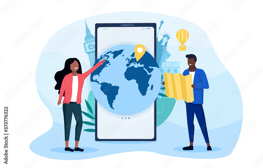 Travel Choice concept with black couple choosing a global destination using an app and map, colored vector illustration Travel Choice concept with black couple choosing a global destination using an app and map, colored vector illustration