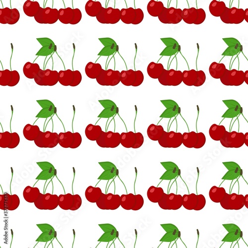 Seamless pattern with bright red bunches of cherries and leaves on a white background. Print for bed linen and fabrics, wrapping paper and wallpaper.
 Stock vector illustration for decoration, design.