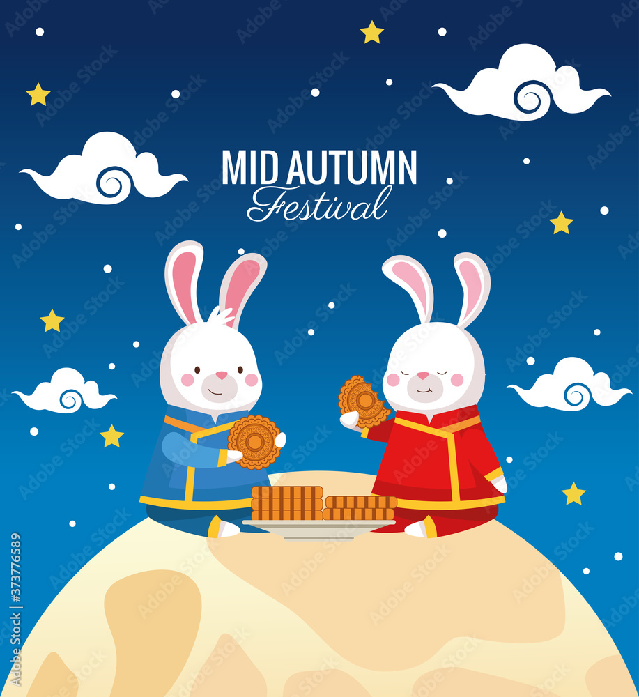 mid autumn card with rabbits couple in fullmoon scene
