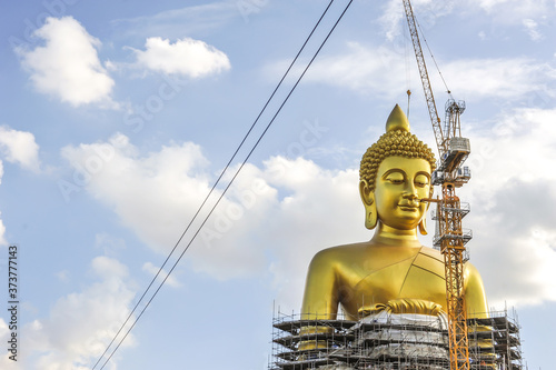 The construction site of the Big golden buddha statue at Wat Paknam temple  Bangkok Thailand 