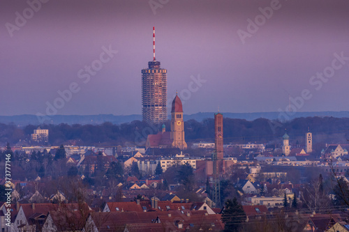 View on Augsburg skyline during blue hour