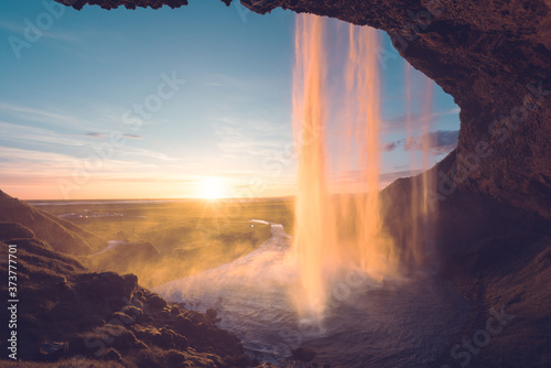 Seljalandfoss waterfall in sunset time, Iceland