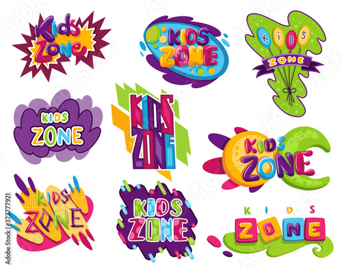 Kids zones set. Children playground game room or center emblems. Playroom banners in cartoon style for children play zone. Toys fun playing zone, children games party and play area poster