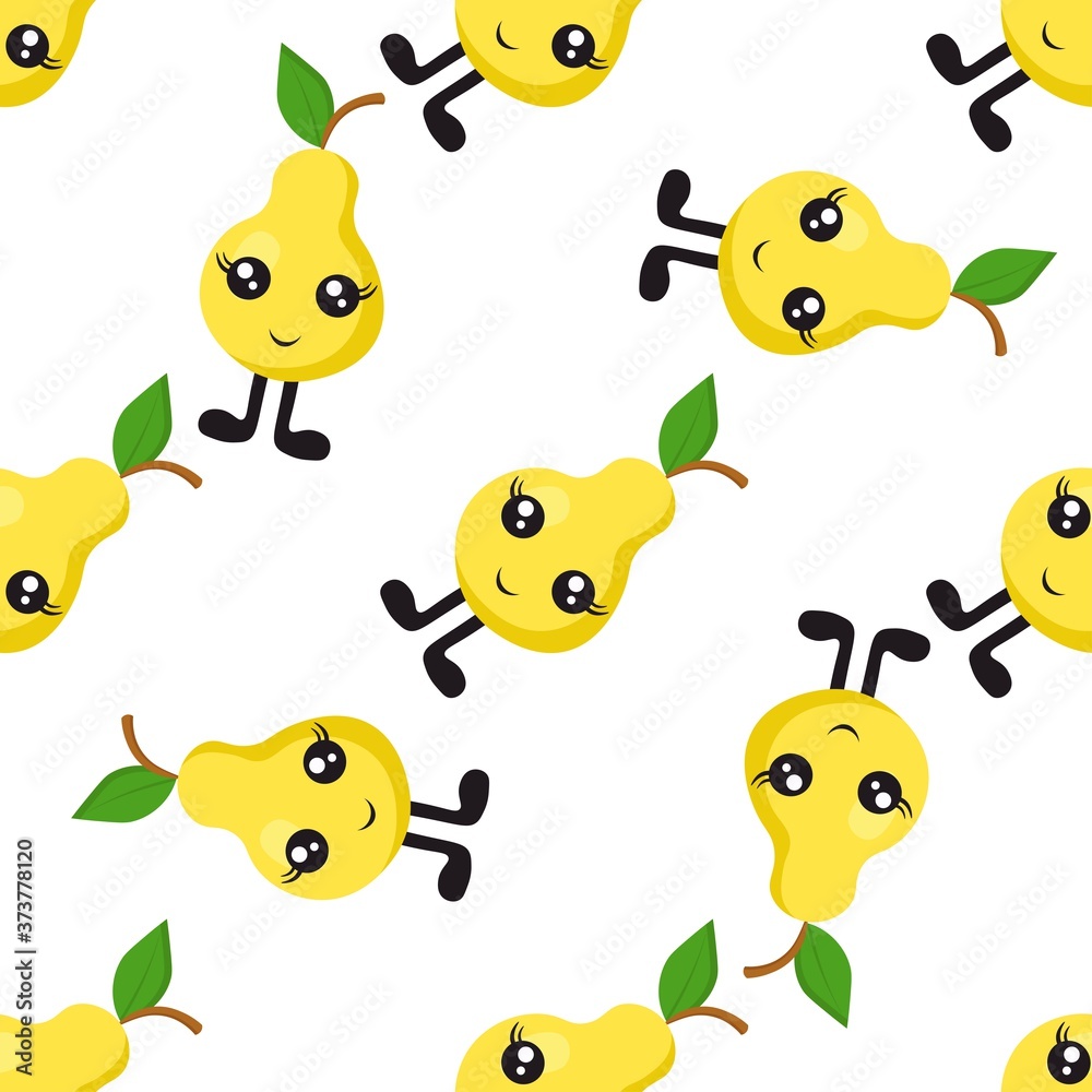 Obraz premium Seamless pattern with bright yellow pears with eyes and legs on a white background. Print for bed linen and fabrics, wrapping paper and wallpaper. Stock vector illustration for decoration and design.