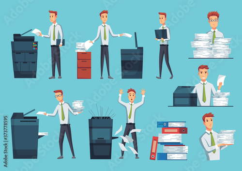 Collection of office documents copiers. Office workers prints documents on the copier. Mans works on a photocopier. Concept of office work