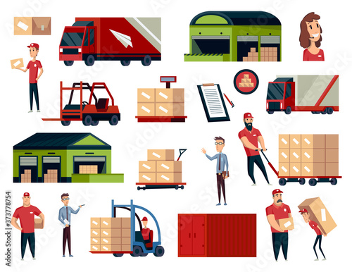 Warehouse. Logistics illustrations collection. Warehouse center, loading cargo trucks, forklifts and workers. Modern flat style vector illustration isolated on white background