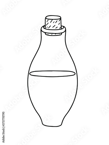 Vector outline illustration of witch poison bottle, fiol for making magic, cooking a potion, simple doodle hand drawn image, black and white drawing for Halloween holiday celebrations photo