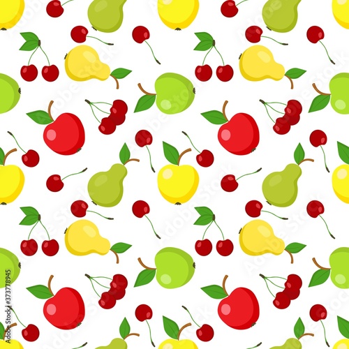 Seamless pattern with bright apples  pears  cherries on a white background. Fruit print for bed linen and fabrics  wrapping paper and wallpaper. Stock vector illustration for decoration and design.