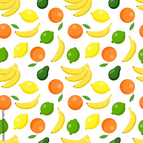 Fototapeta Naklejka Na Ścianę i Meble -  Seamless pattern with bananas, avocados, lemons, tangerines, limes and oranges on a white background. Fruit print for bed linen and fabrics, wrapping paper and wallpaper.
Stock vector illustration