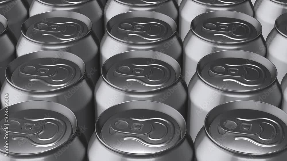 Camera moving over aluminum metal cans for drinks - beer or soda. Perfect background for beverage manufacturing and nutrition business. 3d seamless loopable animation Camera moving over aluminum metal cans for drinks - beer or soda. Perfect background for beverage manufacturing and nutrition business. 3d seamless loopable animation