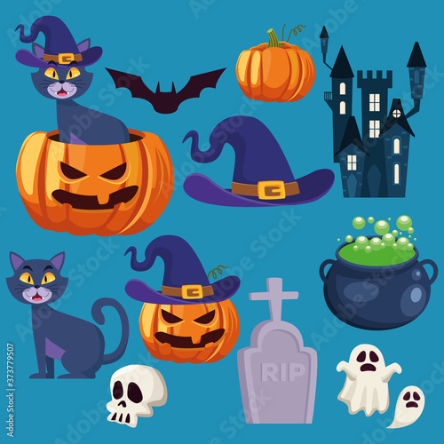 happy halloween card with set icons bundle