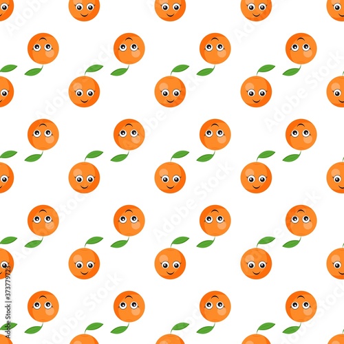 Fototapeta Naklejka Na Ścianę i Meble -  Seamless pattern with bright oranges with cute eyes on a white background. Fruit print print for bed linen and fabrics, wrapping paper and wallpaper.
Stock vector illustration for decoration 