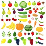 Set of fruits, vegetables, berries in a flat style isolated on a white background. Healthy lifestyle, vegetarianism. Summer and autumn harvest.
 Stock vector illustration for decoration and design.