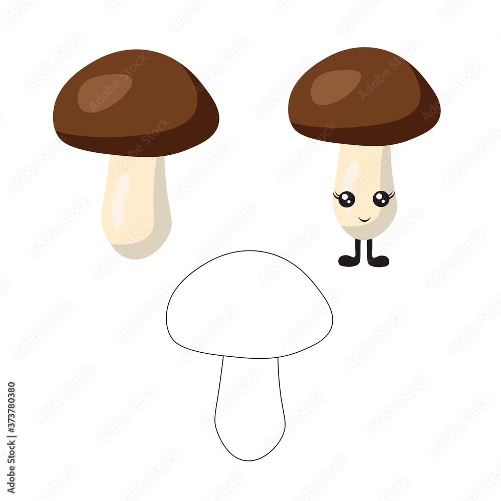 Bright mushrooms with cute cartoon eyes and legs in a flat style isolated on a white background. Vegetarianism and proper nutrition.
 Stock vector illustration for decoration and design.