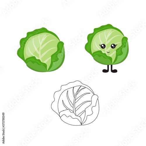 Bright cabbage with cute cartoon eyes and legs in a flat style isolated on a white background. Vegetarianism with vegetables and proper nutrition.
 Stock vector illustration for decoration and design.