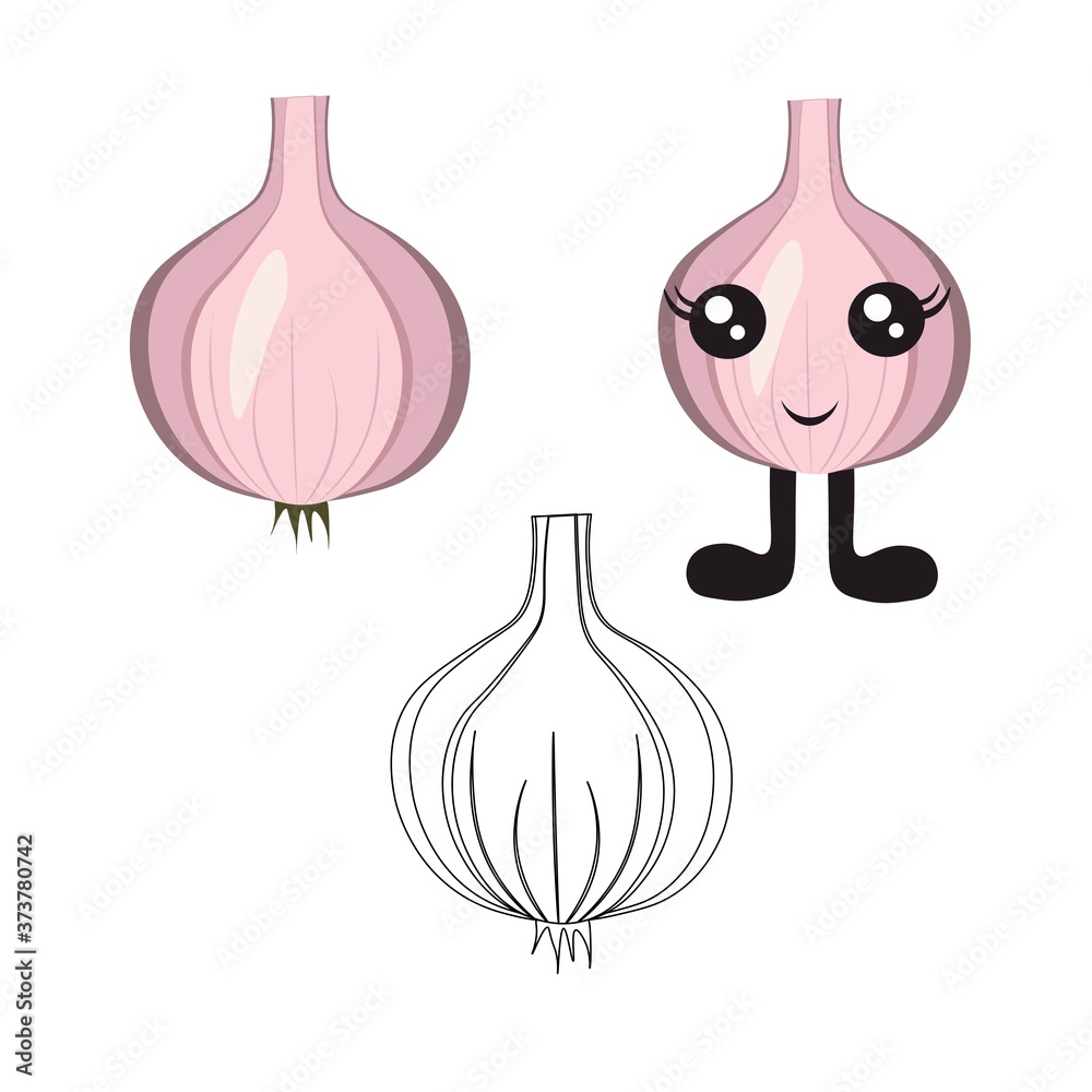 Bright garlic with cute cartoon eyes and legs in flat style isolated on white background. Vegetarianism with vegetables and proper nutrition.
 Stock vector illustration for decoration and design.