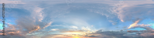 hdr panorama of sunset sky with clouds without ground, for easy use in 3D graphics and panorama for composites in aerial and ground spherical panoramas as a sky dome.
