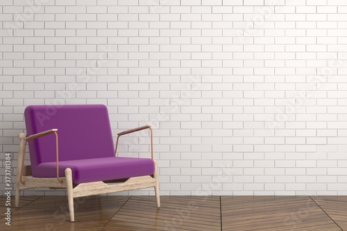 purple scandinavian style armchair on wooden floor with white brick wall. 3D illustration 