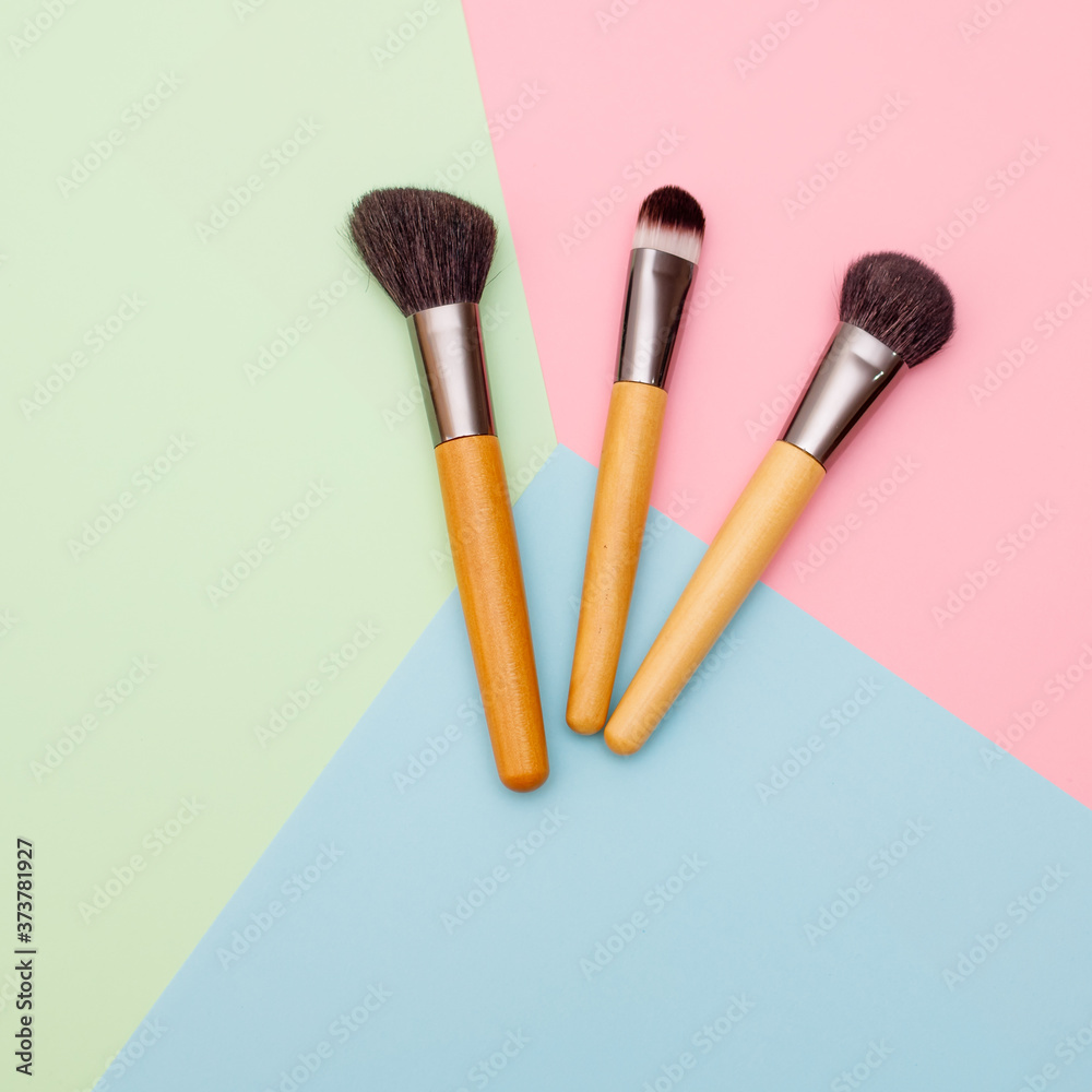 A set of professional brushes for makeup and face correction lies on a colored background with copy space for text