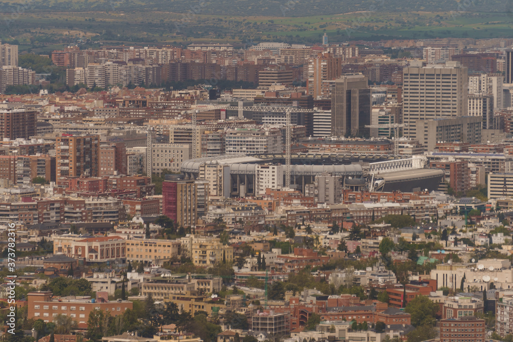 Madrid city Skyline with Santiago bernabeu Stadium. Travel, sport